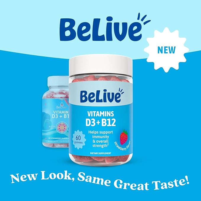 Gummies BeLive Vitamine D3 avec Vitamines B12 - 60 unités I Gommes de soutien immunitaire avec Vitamines B12 et D3 végétaliennes, pour des os et des muscles plus forts, la santé cardiaque et l'énergie - Saveur Fraise