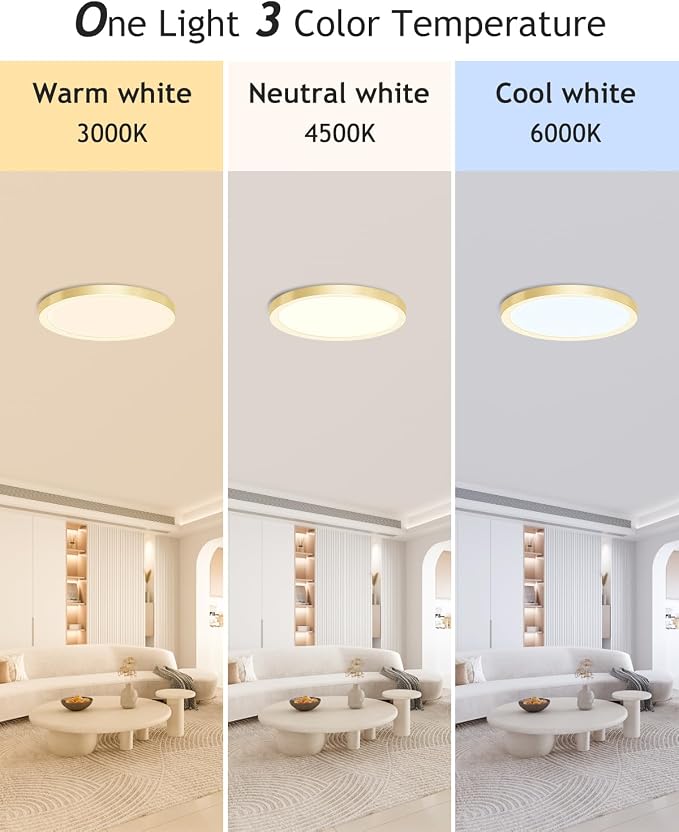 hepside 4PACK Flush Mount LED Ceiling Light Fixture Golden, 12Inch 28W, Dimmable 3000K-4500K-6000K Ceiling Lamp 3200LM Low Profile Ceiling Light for Kitchen Bedroom Hallway
