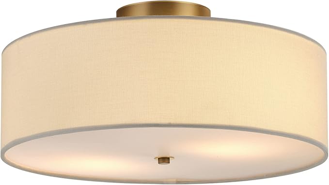 Globe Electric 2-Light Flush Mount Ceiling Light, Matte Brass Finish, White Linen Shade, E26 Base, Dimmable, Minimalist Home Lighting, 60998