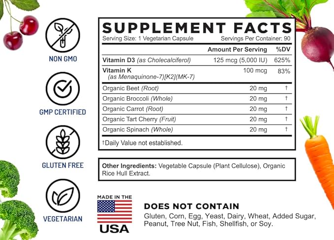Capsules de Vitamine D3 K2 FarmHaven - 5000 UI D3 et 100 mcg K2 - Cholecalciférol MK7 avec Mélange de Fruits et Légumes - Supplément de Vitamine D K2 pour le Système Immunitaire et la Santé Cardiaque - Végétarien, Sans OGM, 90 Gélules
