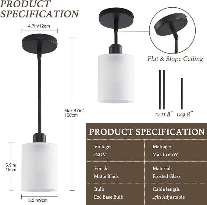 3 Pack Pendant Light Kitchen Island Pendant Lighting, Hanging Light with Frosted Glass Shade, Black Modern Indoor Hanging Lamp
