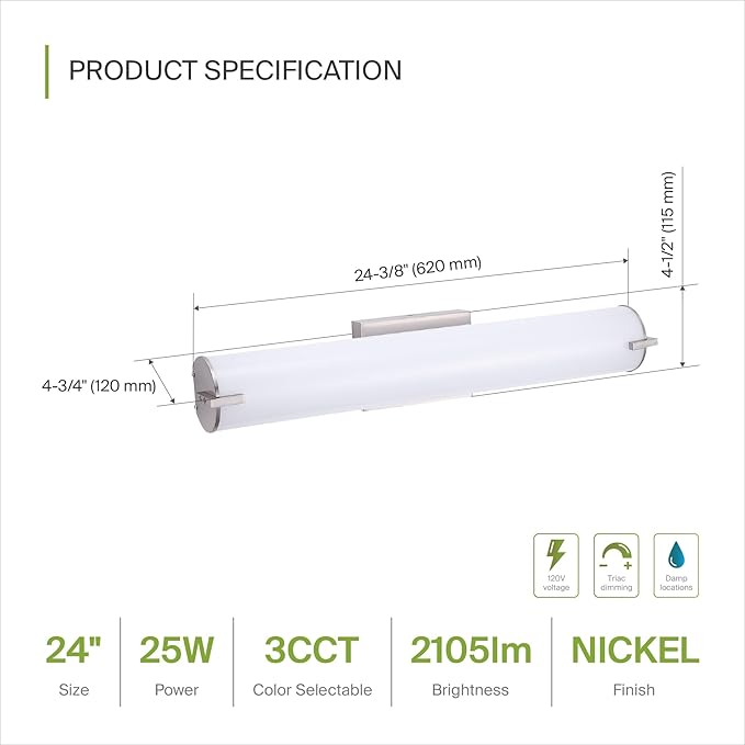 ASD LED 24" Vanity Wall Mount Light Fixture, Linear Bathroom Lighting Bar | 3CCT, Dimmable, Energy Star, ETL Listed | 25W 1950LM 3000-5000K 120V | Long Tube Bath Sconce Over Mirror | Nickel, 4 Pack