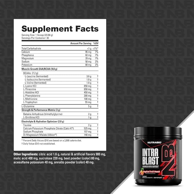 NutraBio Intra Blast Bcaa Powder Amino Acid Supplement, Electrolyte & Hydration Blend, Intra, Pre Workout & Muscle Recovery, 20g Eaa Amino Acids Powder, 5g Glutamine- Tropical Fruit Punch, 30 Serving