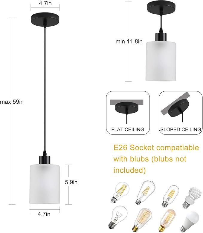 3-Pack Industrial Pendant Lighting, Modern Frosted Glass Shade Farmhouse Adjustable Hanging Light Fixtures for Kitchen Island Living Room Bedroom Hallway