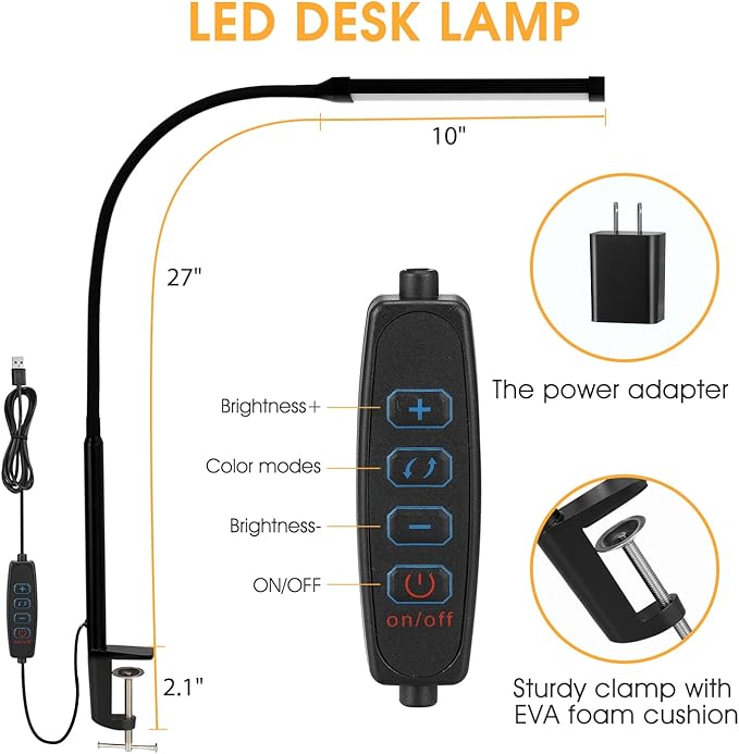 Voncerus LED Desk Lamp with Clamp, Eye-Caring Clip on Lights for Home Office, 3 Modes 10 Brightness, Long Flexible Goose-Neck, Metal, Swing Arm Architect Task Table Lamps with USB Adapter, Black