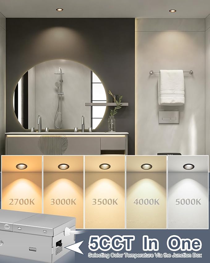 Aosclex 3 Inch 5CCT Anti-Glare LED Recessed Lights with Junction Box, 2700K/3000K/3500K/4000K/5000K Selectable, 12W 1260LM CRI90+, Dimmable Canless Waterproof Downlight, ETL & FCC（Black, 1 Pack）