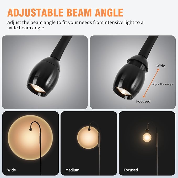 Powfloven LED Beam Reading Floor Lamp, 360° Adjustable Standing Floor Lamp with Flexible Gooseneck, Timer and Zoomable Spotlight, Black Task Bright Lights with Remote for Living Room, Bedroom