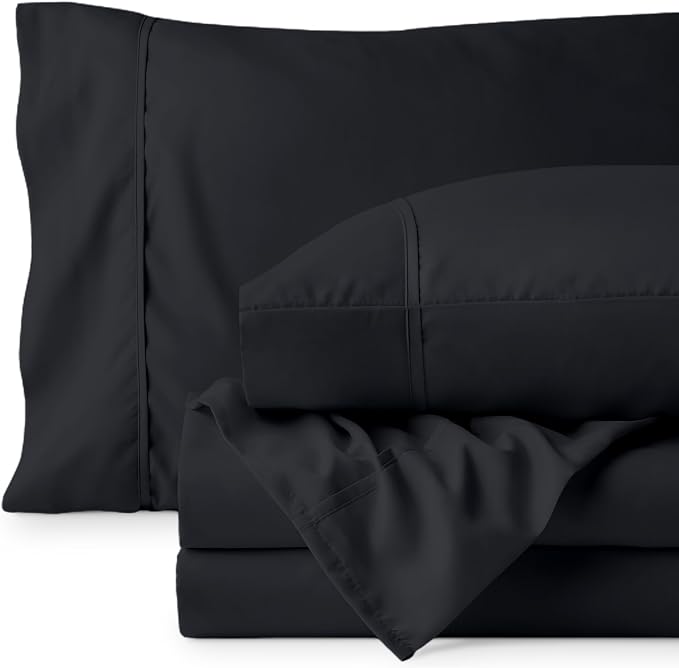 Bare Home Split Head Flex King Sheet Set - 1800 Ultra-Soft Microfiber Bed Sheets - Double Brushed - Deep Pockets - Easy Fit - 4 Piece Set - Bedding Sheets & Pillowcases (Black)