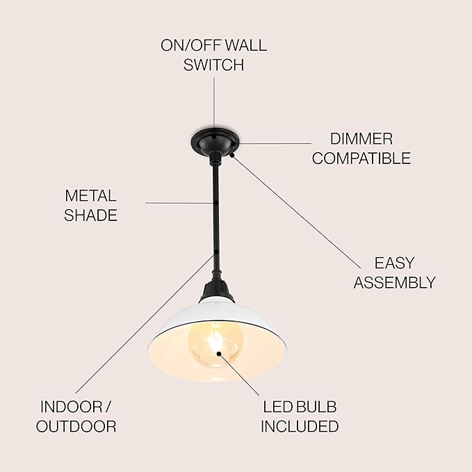 JONATHAN Y 12.25" White/Black 1-Light Farmhouse Indoor/Outdoor LED Pendant Iron Hanging Light, and Black Metal Shade, Rustic Ceiling Lamp for Kitchen Island, LED Bulb Included JYL7611A