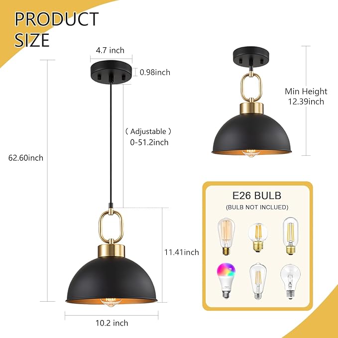 Farmhouse Pendant Lights Kitchen Island,10.2 Inch Single Dome Pendant Lighting, Adjustable Height Modern Island Lights for Kitchen, Industrial Ceiling Hanging Light for Dining Living Room Over Sink