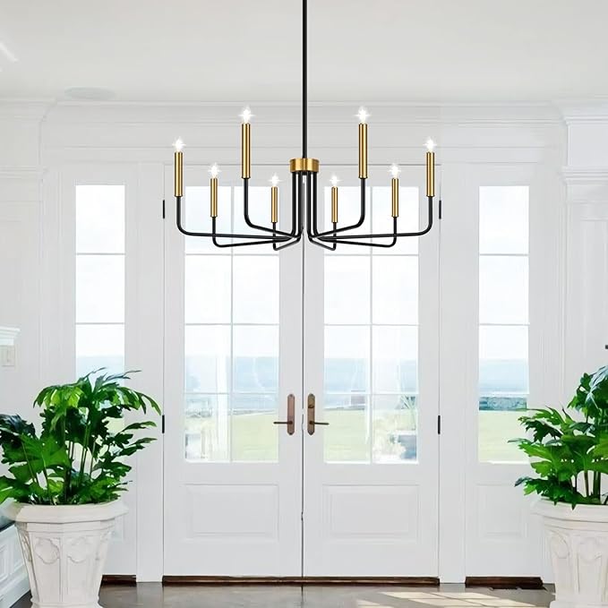 Lynnoland Black and Gold 8-Light Farmhouse Chandelier for Dining Room Lighting Fixtures Hanging, Vintage Candle Pendant Light Fixtures Chandelier for Bedroom, Foyer and Living Room