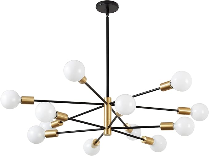 KAISITE Modern Chandelier 12-Light Sputnik Chandeliers Black and Gold Chandelier Light Fixtures for Dining Room Over Table Mid Century Height Adjustable High Ceiling Kitchen Farmhouse Chandelier
