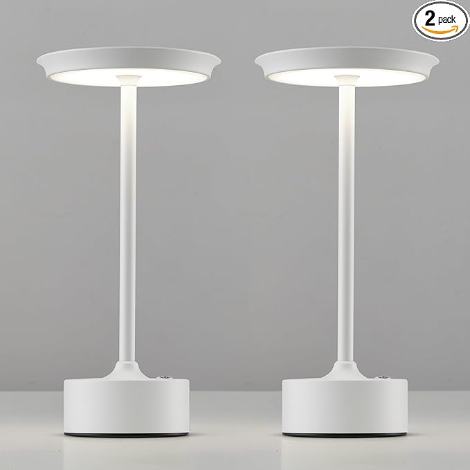 PUSU Rechargeable Table Lamps Set of 2, White Cordless LED 4000mAh Battery Desk Lamp, Stepless Dimming & 3 Color 2700K-6000K, Portable Lamp for Bedroom, Living Room, Restaurant, Outdoor, Night Light