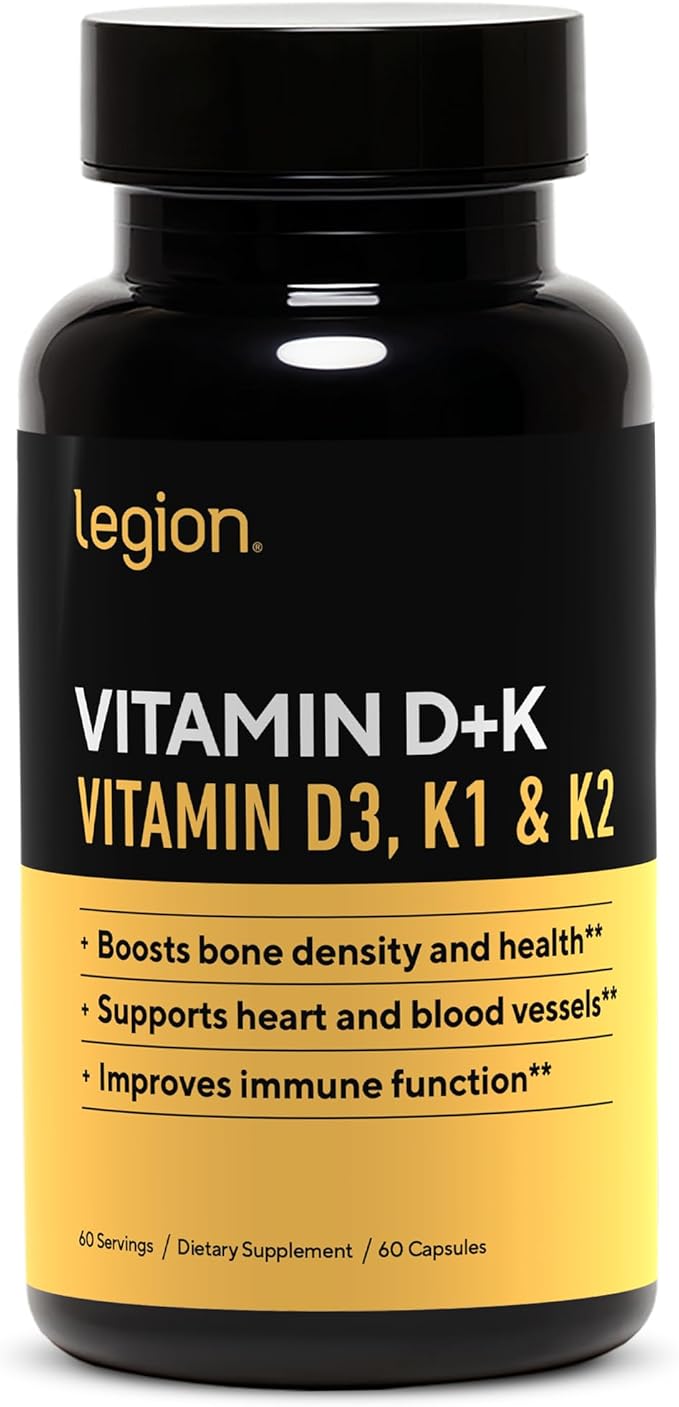 Formule naturelle et efficace LEGION Vitamine D+K - Vitamine D3, K2 et K pour renforcer l'immunité - Complément de vitamine K1, K2 et D3 pour améliorer la densité osseuse et la santé - Vitamine K2 et K1 pour le soutien cardiaque