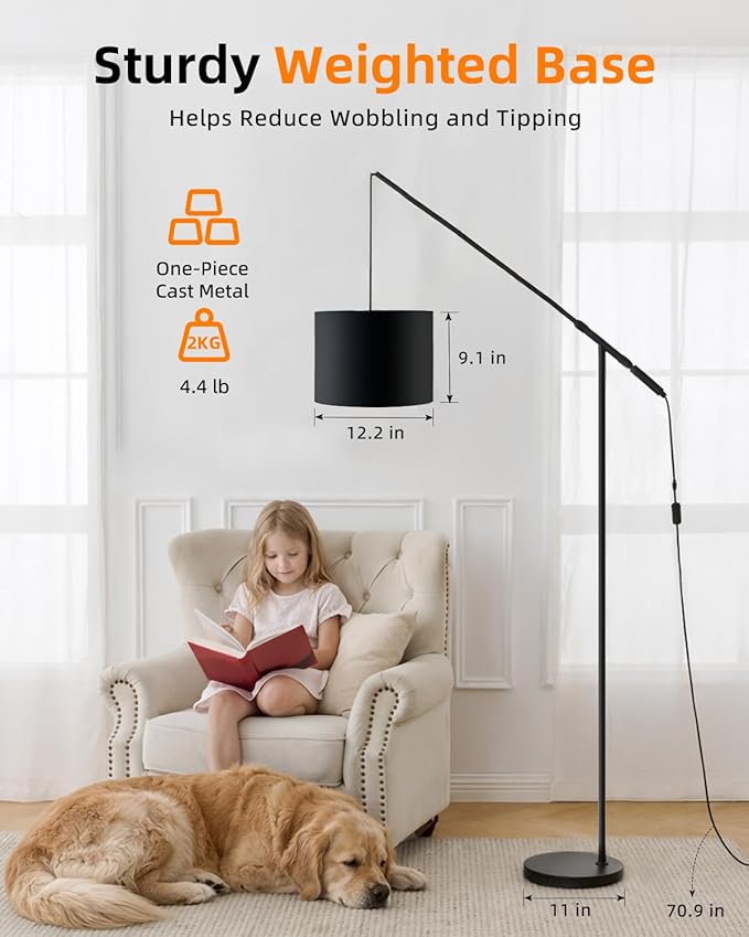 Arc Floor Lamp for Living Room, Dimmable Standing Lamp with Remote, Brightness & Color Temp Adjustable, Height Adjustable Arched Reading Light with LED Bulb, Black Tall Pole Lamp for Bedroom, Office