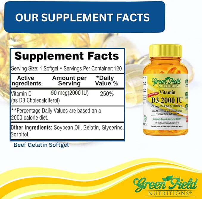 Greenfield Nutritions Vitamine D3 Halal 2000 UI Gélule - D3 Haute Puissance 50 mcg, 120 Mini-Gélules Non Aromatisées - Vitamines D Halal avec Gélatine de Bœuf Halal, Soutient l'Immunité, les Os, les Dents, le Cerveau et les Cheveux