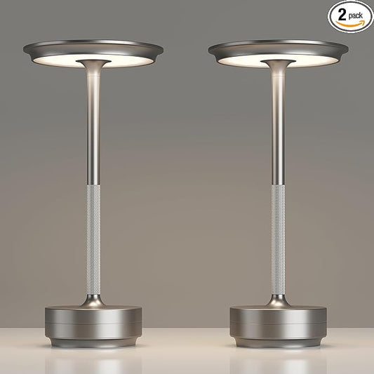 TBBGA 2 Pack Rechargeable Cordless Table Lamps, Portable 5000mAh Battery Table Light, 3 Color Stepless Dimming LED Table Light with Memory Function, for Outdoor/Dinner/Patio/Restaurant.(Silver)