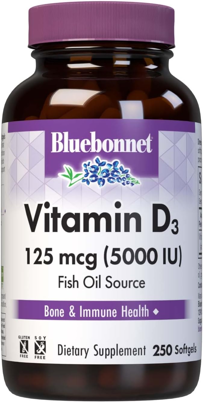 Bluebonnet Nutrition Vitamine D3 5000 UI Gélules, Contribue à la Croissance Musculaire et Squelettique, Cholecalciferol Issu d'Huile de Poisson, Sans OGM, Sans Gluten, Sans Soja, Sans Produits Laitiers, Jaune, 250 Gélules