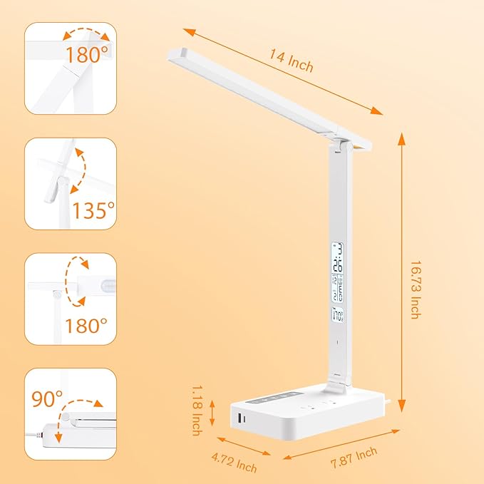 Desk Lamp with USB Charging Port: Table Lamp with Power Strip, Charging Station - 2 Outlets 1 USB-A Ports 1 Type-C Ports, Surge Protection, 5ft Extension Cord, 5 Color Modes 5 Brightness (White)