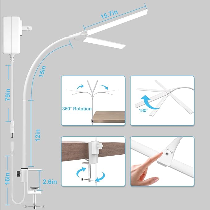 Hensam 31.5 Inch LED Desk Lamp, Double Head Desk Light with Clamp for Home Office, 5 Color Temperatures, Dimmable Task Lighting for Workbench Monitor Study, White