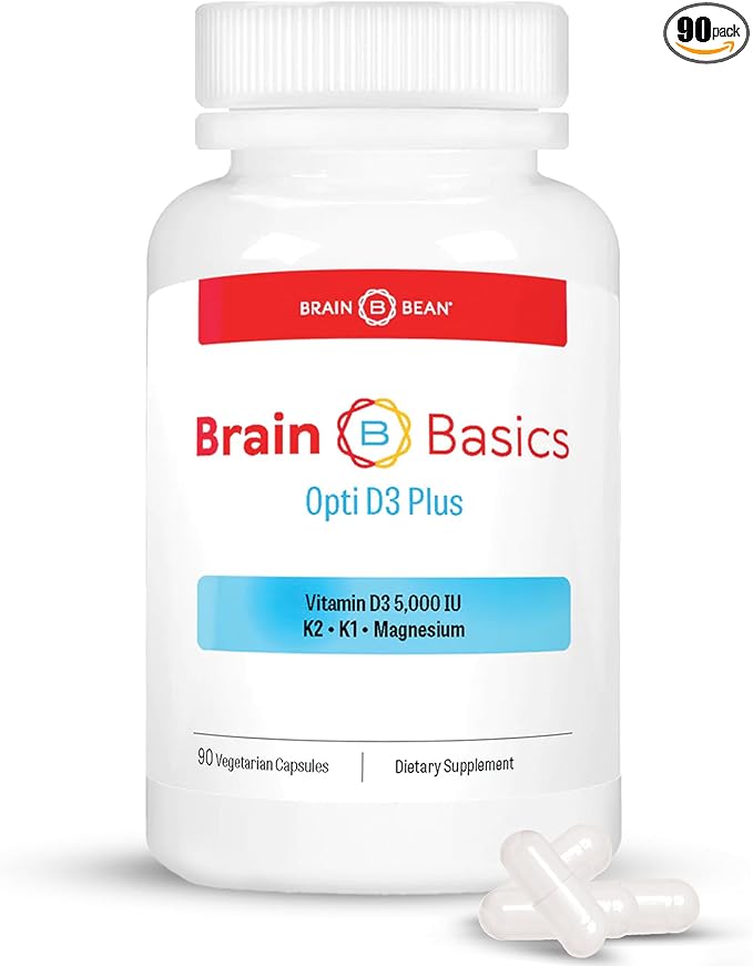 Brain Basic Opti D3 Plus - Vitamine D3 5000 UI avec K1, K2 et Magnésium - Supplément de Soutien Cérébral pour l'Humeur, l'Esprit, la Mémoire - Santé des Os, des Muscles et du Système Immunitaire - Sans Gluten, Sans Soja et Sans Produits Laitiers