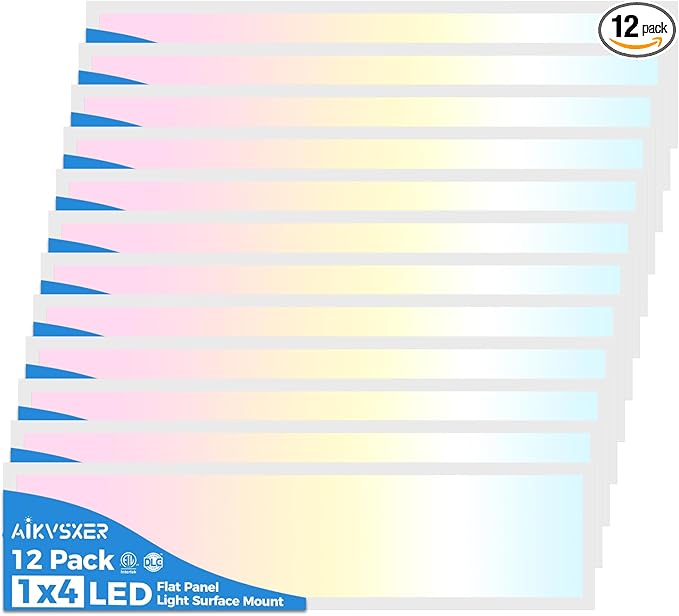AIKVSXER 12PACK 1x4 LED Flat Panel Light Surface Mount LED Ceiling Light, 5500LM 50W TRIAC 10-100% Dimmable, 3000/4000/5000K AC120V Kitchen Lights Ceiling Flush Mount for Garage/Basement/Laundry