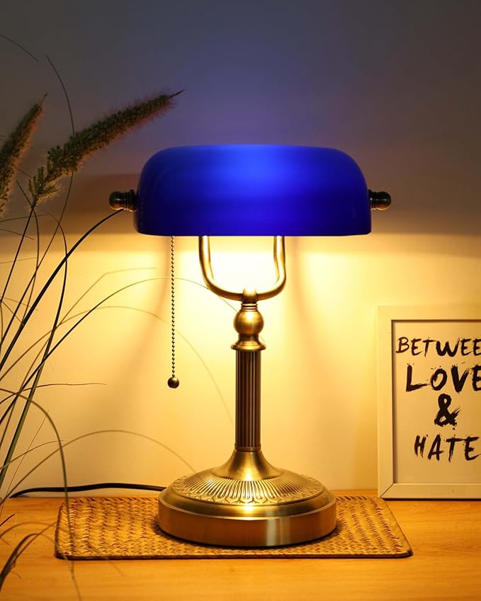 Blue Glass Bankers Desk Lamp with Pull Chain Switch Plug in Fixture for Home Office,Library