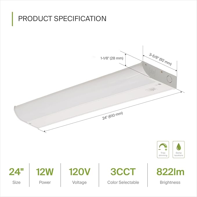 ASD LED Under Cabinet Lighting, 24 inch 12W 822 LM, Dimmable Hardwired Under Cabinet Lights for Kitchen, 3000K Soft/4000K Cool/5000K Daylight, Under Counter Light Fixtures, ETL, White, Bullnose Design
