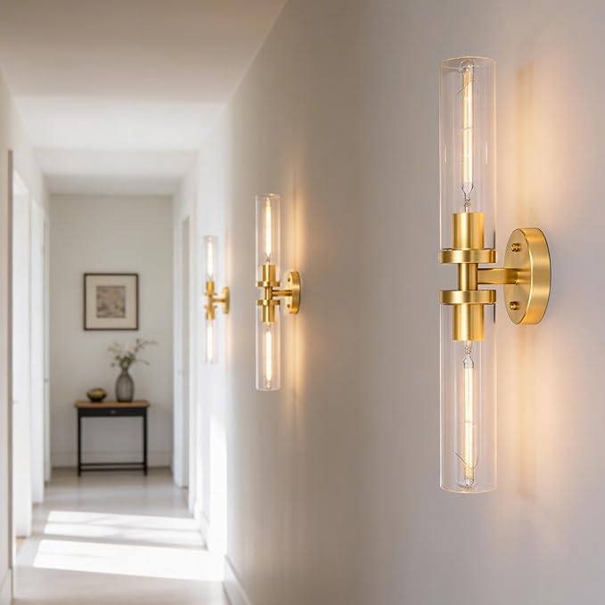 Wall Sconces 2-Pack, Hardwired Bathroom Light Fixtures, Modern Farmhouse Vanity Wall Lighting with Clear Glass Shades, E26 Base Wall Sconce Wall Lights for Bathroom Wall Decor, Gold