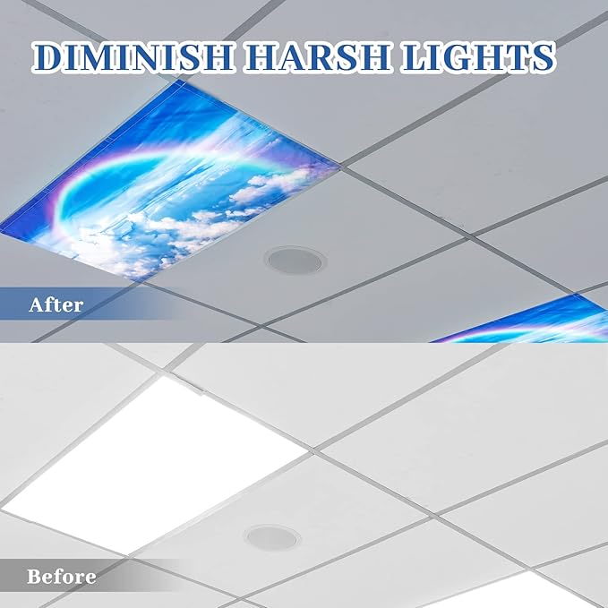 Hortsun 6 Pcs Fluorescent Light Covers - 4 x 2 Feet Magnetic Light Filters, Ceiling Lights Covers for Classroom Fluorescent Shade, Hospitals, School Office Cubicle Decor(Rainbow in Blue Sky)