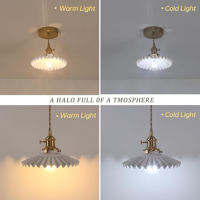 Shenmoyl Pendant Light 2 Pack with White Pleated Ceramic Lmapshade, Brass Vintage Pendant Light Adjustable Hanging Light for Kitchen Island Dining Room Hallway