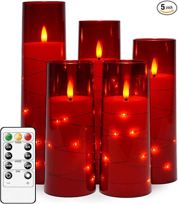 kakoya Flameless LED Candles with Timer 5 Pc Flickering Flameless Candles for Romantic Ambiance and Home Decoration Stable Acrylic Shell,with Embedded Star String，Battery Operated Candles（Red）