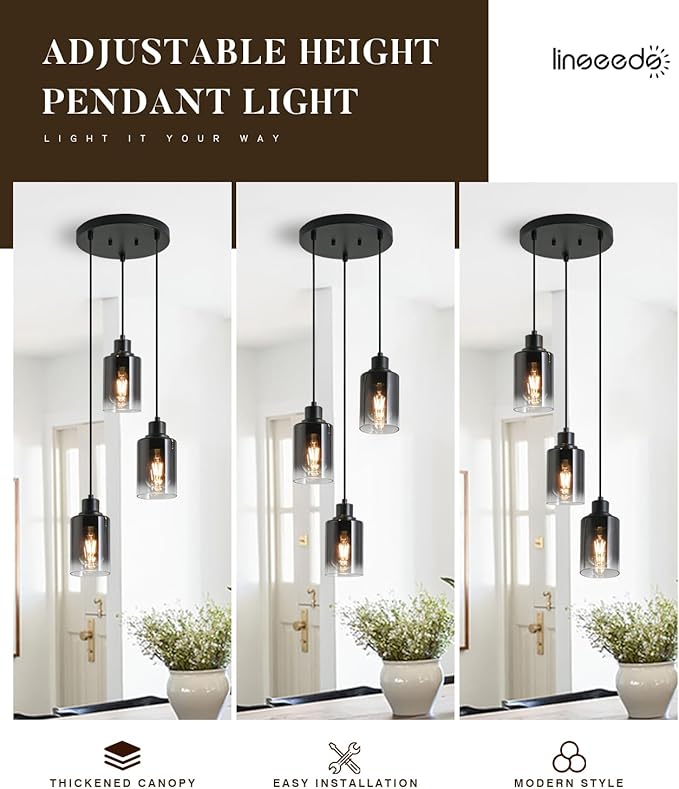 3-Light Black Pendant Lighting, Adjustable Modern Pendant Lights for Kitchen Island, Industrial Cluster Hanging Lights for Dining Table Hallway Bedroom Living Room