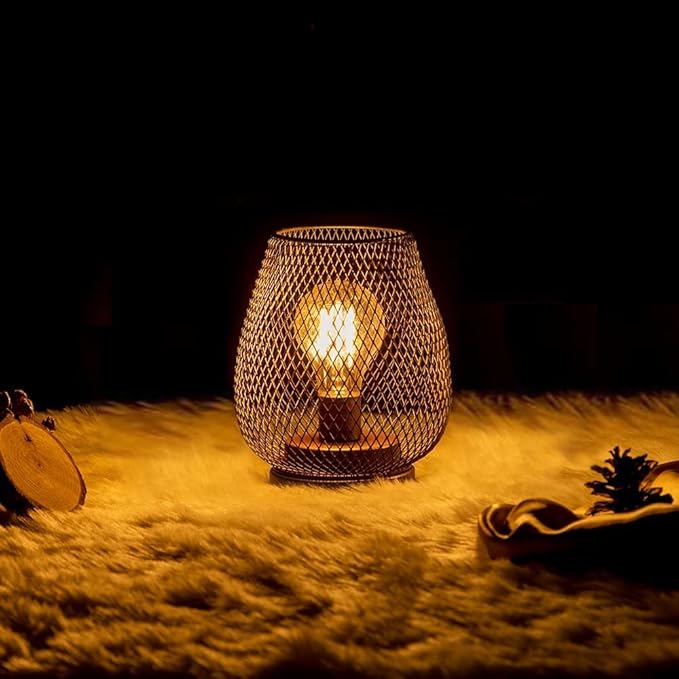 Set of 4 Battery Operated Lamp LED Table Lantern, Brown Metal Cage Cordless Lamps with LED Bulb，Vintage Decorative Outdoor Lantern for Weddings, Parties, Patio, Events for Indoors Shelf Decor