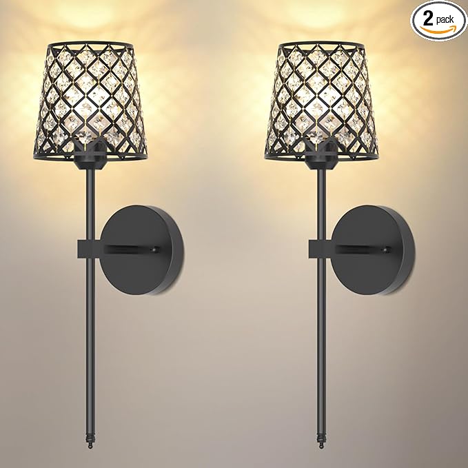 Crystal Battery Operated Wall Sconces Set of 2, Black and Gold Rechargeable Wireless Wall Sconce Lights for Home Decor, Dimmable 12 RGB and 3CCT Wall Lamps with Remote for Living Room Bedroom Hallway