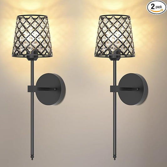 Crystal Battery Operated Wall Sconces Set of 2, Black and Gold Rechargeable Wireless Wall Sconce Lights for Home Decor, Dimmable 12 RGB and 3CCT Wall Lamps with Remote for Living Room Bedroom Hallway
