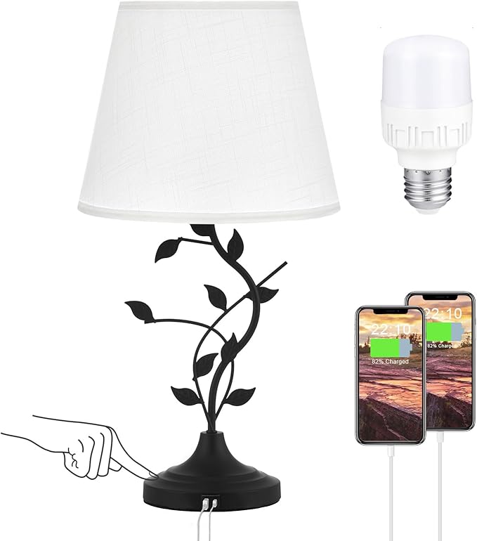 Kakanuo Table Lamp for Bedside, Lamp for Living Room with USB-A and USB-C Charging Ports, Traditional Tall Bedroom Lamp for End Table
