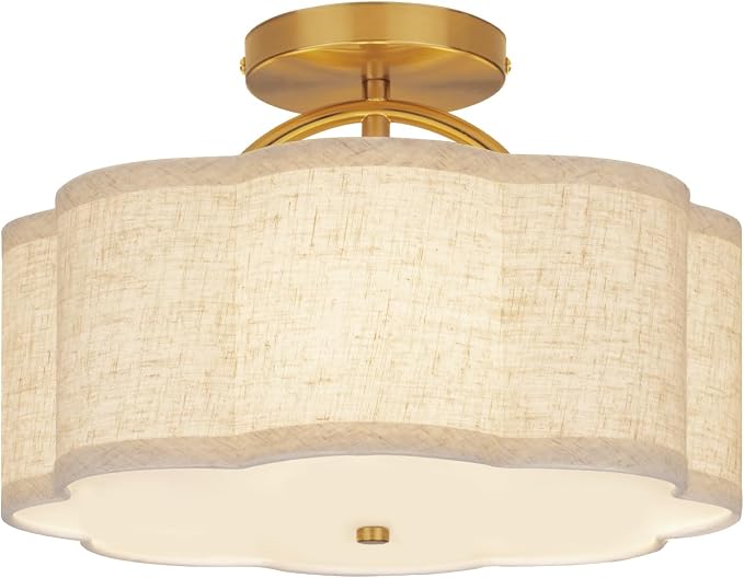 CALOKES Semi Flush Mount Ceiling Light, 11.8" Modern 3-Light Fixture with Petal-Shaped Cream Beige Linen Shade and Golden Support Arm, Ideal for Bedroom, Kitchen, Living Room, Hallway, and Entryway