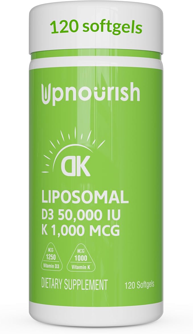 UpNourish リポソームビタミンD3 50000 IU (ビタミンD3 50000) 1000 mcg ビタミンK配合、高用量ビタミンD3 K2、ビタミンD 50000 IU K1、K2 MK-4、MK-7配合、ミニソフトジェル120粒