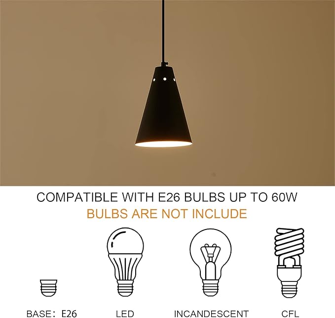 Black Pendant Light for Kitchen light fixtures,Small Modern Industrial Chandeliers with Cone Metal Shade,Mini Adjustable Cord Hanging Lighting Fixtures for Over island,Bar,Dining Room.(1 Pack)