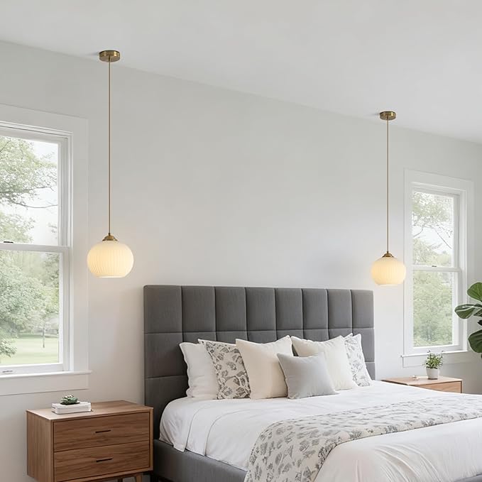 KCO Lighting Mid Century 1-Light Globe Pendant Light Industrial Vintage Brass Gold Pendant Lighting Fixture Kitchen Island Adjustable White Glass Hanging Ceiling Lights