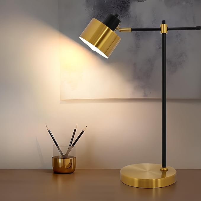 OYEARS 22.2" Modern Desk Lamp, Metal Table Lamp with LED Bulb, Adjustable Reading Lamps for Living Room, Mid Century Task Lamp for Home Office, Industrial Bedside Lamps with Solid Base,Black and Gold