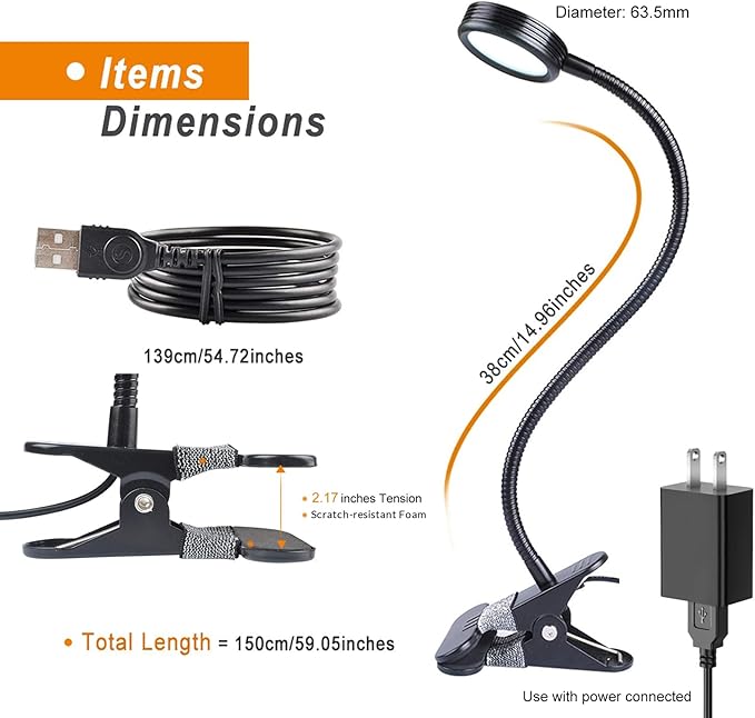 LEPOWER Clip on Light/Reading Lights/Book Light/Desk Lamp Color Changeable/Night Lights Clip on for Desk, Bed Headboard and Computers, Adapter Included (Black) Metal