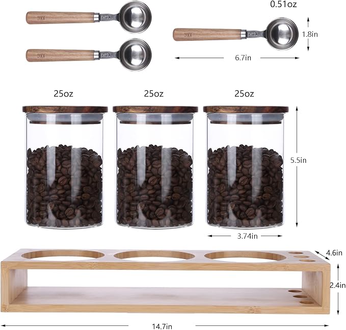 KKC Airtight Loose Leaf Tea Canister Set with 3 Wooden Handle 1 TBSP Spoons - 3 Pack 25 oz Glass Tea Storage Jars with Bamboo Lid and Rack, Elegant Countertop Tea Station Organizer for Matcha & Chai