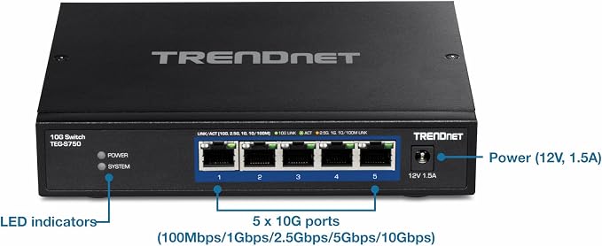 TRENDnet 5-Port 10G Switch, TEG-S750, 5 x 10G RJ-45 Ports, 100Gbps Switching Capacity, Supports 2.5G and 5G-Base-T Connections, Ethernet Splitter, NDAA & TAA Compliant, Lifetime Protection, Black
