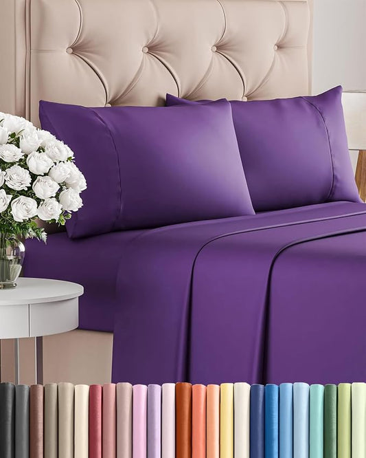 Twin 4 Piece Sheet Set - Comfy Breathable & Cooling - Ultra Soft Hotel Luxury Bedding Set w/ 8-16 Inch Deep Pockets - 1 Flat & 1 Fitted Sheet & 2 Pillowcases - Cozy, Wrinkle Free & Easy Care - Purple