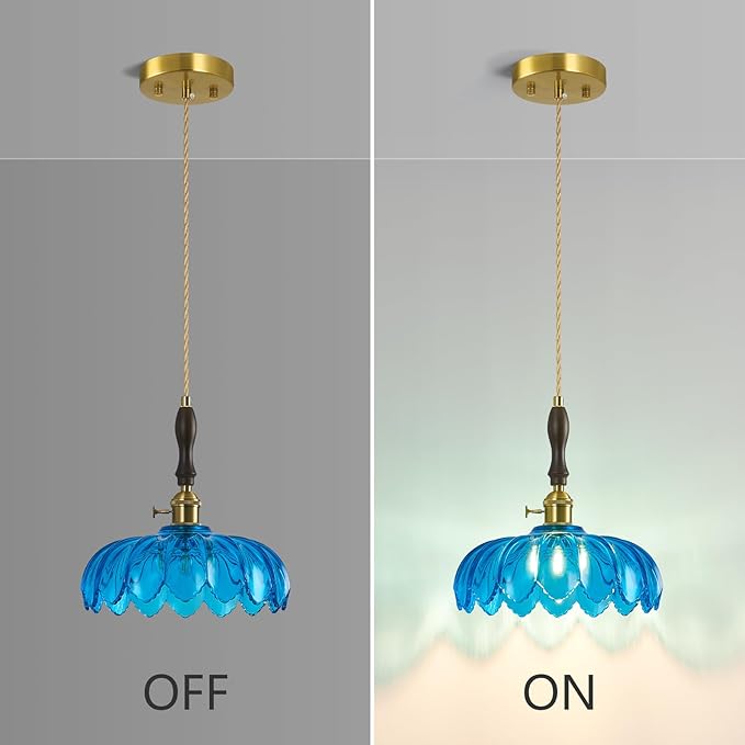 Modern Blue Glass Pendant Light Retro Flower Glass Hanging Lamp Gold Brass Decorative Adjustable Ceiling Hanging Light Suitable for Kitchen Island Bedroom Dining Room Living Room