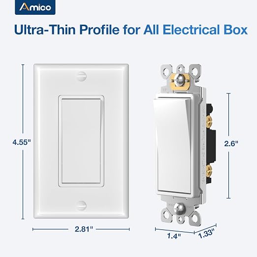 Amico Single Pole Light Switch with Wall Plate, UL Listed, 15A 120/277V, On/Off Rocker Paddle Interrupter Wall Switch, Grounding Screw, Residential Grade, Suitable for Home and Business, White