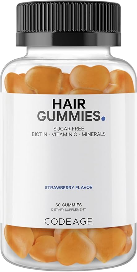 Codeage Hair Gummies, Biotine 5000 mcg, Vitamines gommes sans sucre pour la croissance A, C, B6, B12, D3, Zinc, Inositol, Femmes et Hommes, Acide pantothénique et folique, Ongles, Peau, Saveur Fraise Noix de coco, 60 gommes