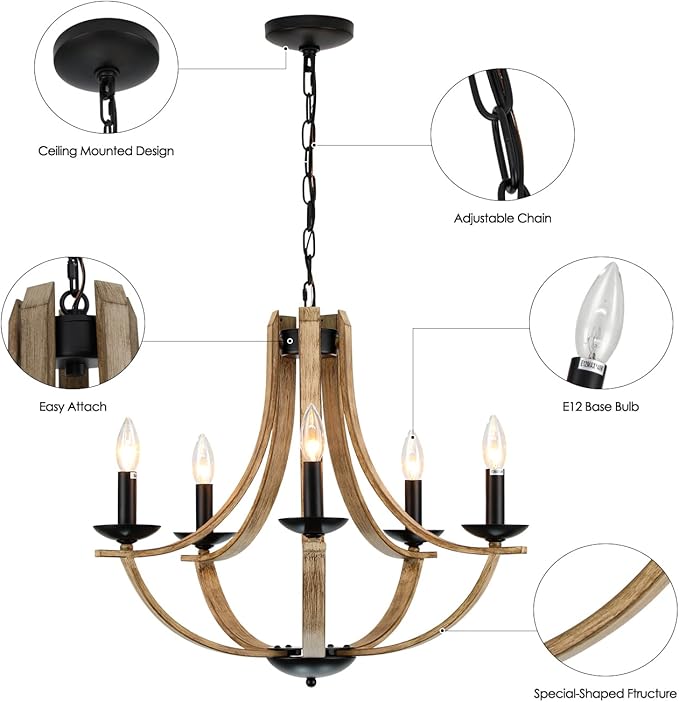 LAMPKEDUO Farmhouse Chandeliers for Dining Room Light Fixture, 5-Light 24 inch Faux Wood Texture Hanging Lighting Fixtures, Rustic Candle Chandeliers for Living Room Kitchen Island Foyer Entryway